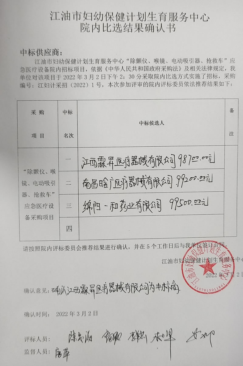 除颤仪、喉镜、电动吸引器、抢救车等应急医疗设备采购项目院内比选结果确认书