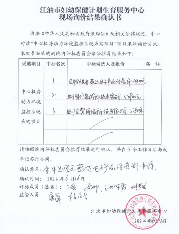 机房动力环境监控系统采购项目院内比选结果确认书