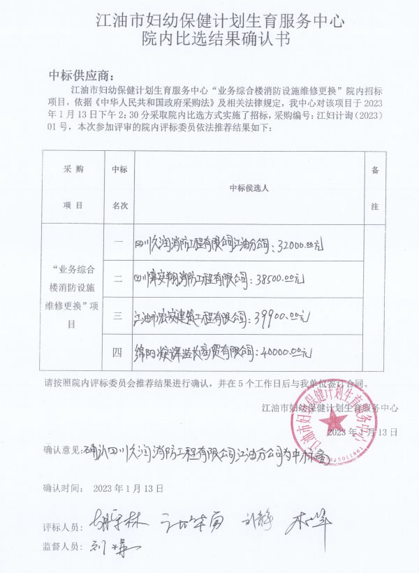 业务楼消防设施维修更换项目院内比选结果确认书