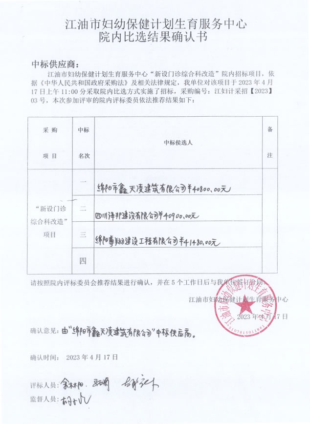 新设门诊综合科改造项目院内比选结果确认书