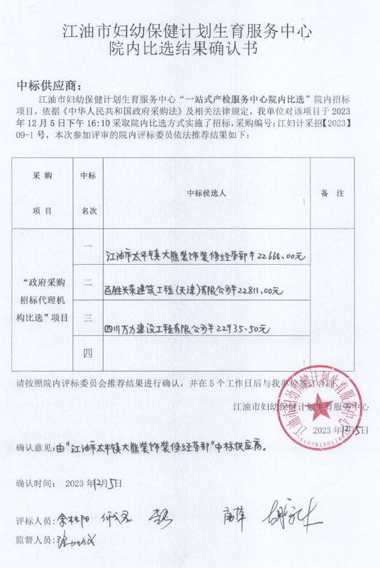 孕产妇一站式产检服务中心项目院内比选结果确认书