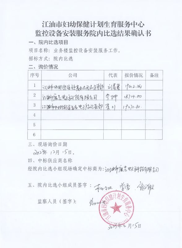 监控设备安装服务采购项目院内比选结果确认书