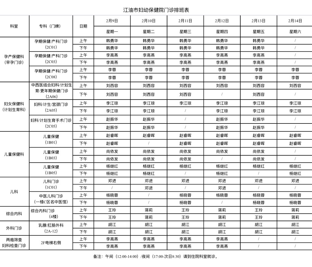 江油市妇幼保健院门诊排班表(2月9日-2月14日)
