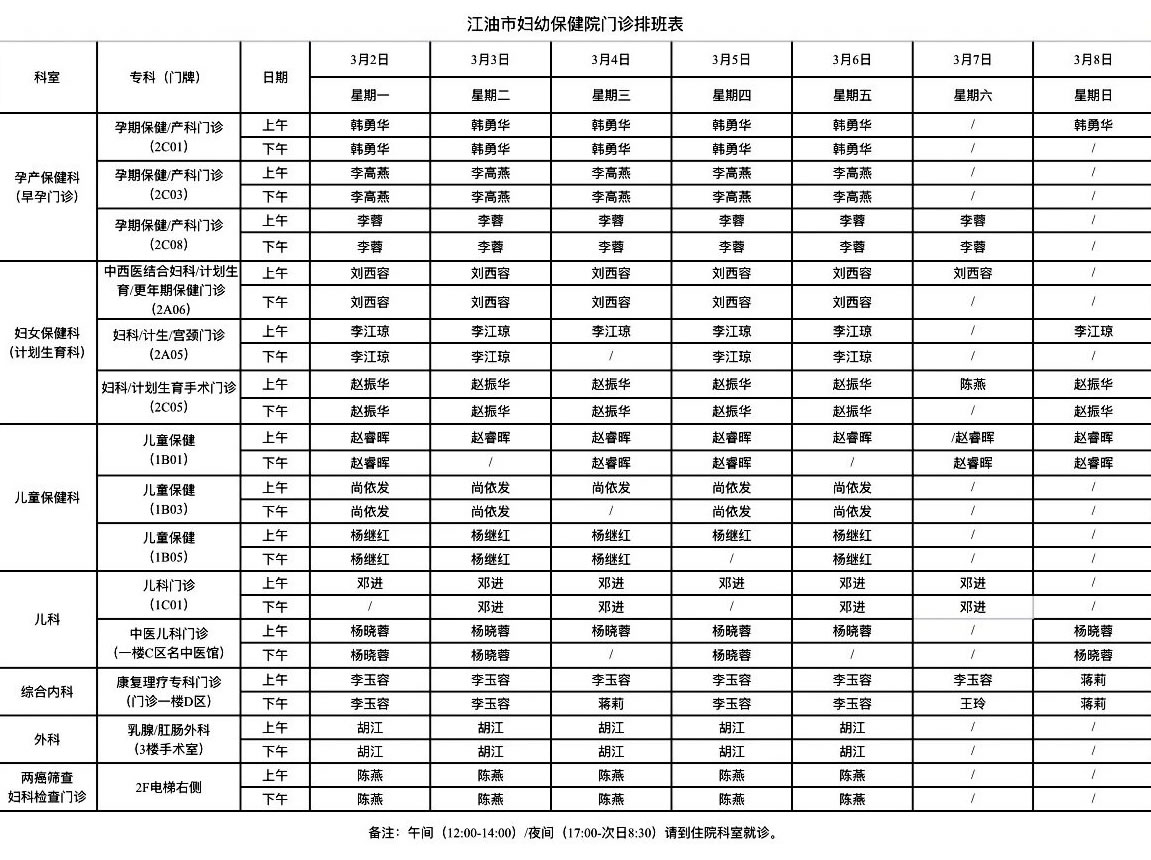 江油市妇幼保健院门诊排班表（3月2日-3月8日）