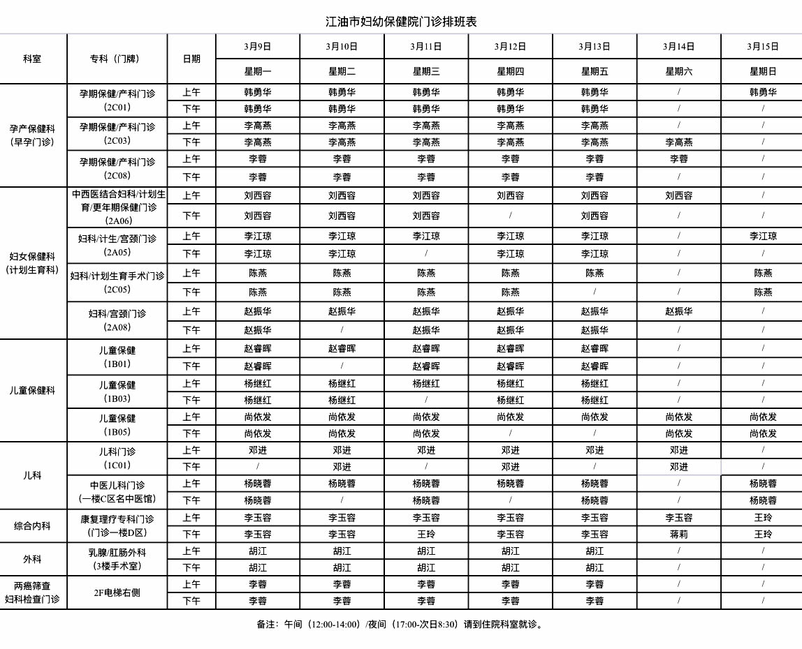 江油市妇幼保健院门诊排班表(3月9日-3月15日)