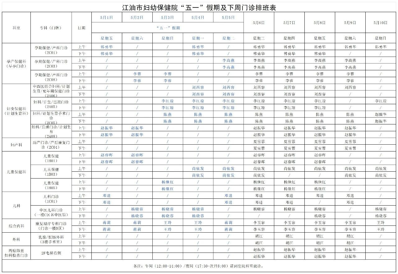 江油市妇幼保健院门诊排班表(5月1日—5月10日)
