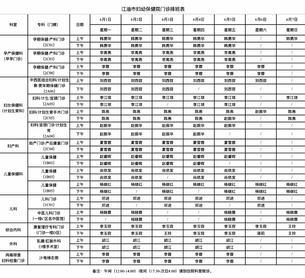 江油市妇幼保健院门诊排班表(6月1日-6月7日)