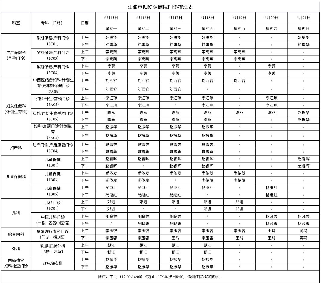 江油市妇幼保健院门诊排班表(6月15日-6月21日)