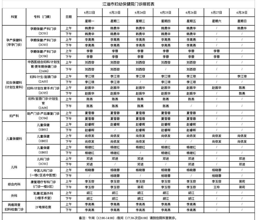 江油市妇幼保健院门诊排班表（6月22日-6月28日）