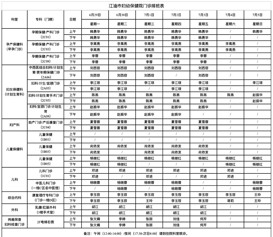 江油市妇幼保健院门诊排班表(6月22日-6月28日)
