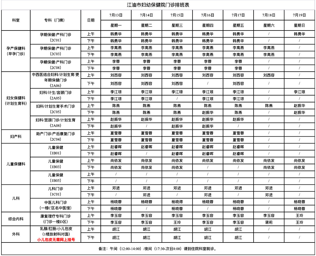 江油市妇幼保健院门诊排班表(7月13日-7月19日)