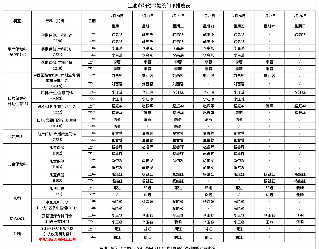 江油市妇幼保健院门诊排班表(7月20日-7月26日)