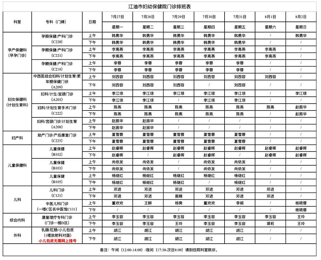 江油市妇幼保健院门诊排班表（7月27日-8月2日）