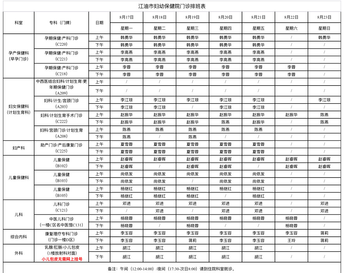 江油市妇幼保健院门诊排班表（8月17日-8月23日）