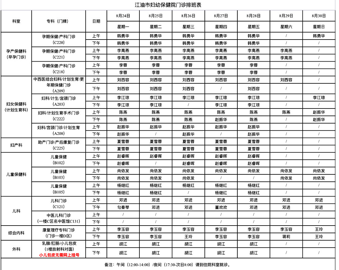 江油市妇幼保健院门诊排班表(8月24日-8月30日)