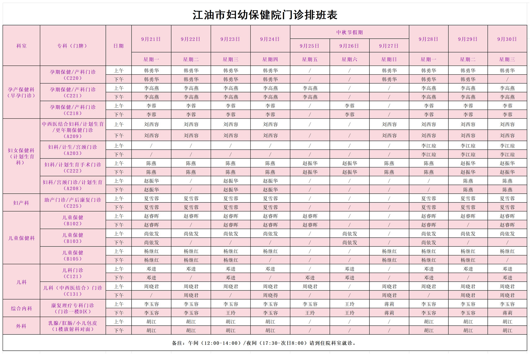 江油市妇幼保健院门诊排班表(9月21日-9月30日含中秋节假期)